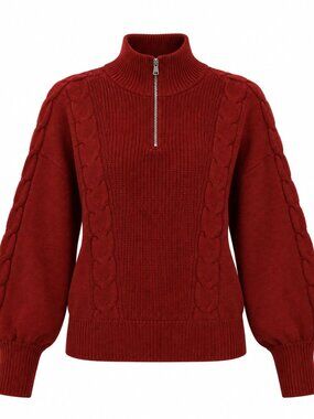 Wynne Layers Red Cotton Blend Cable Knit Half-Zip Sweater, Size 1X, Casual Chic